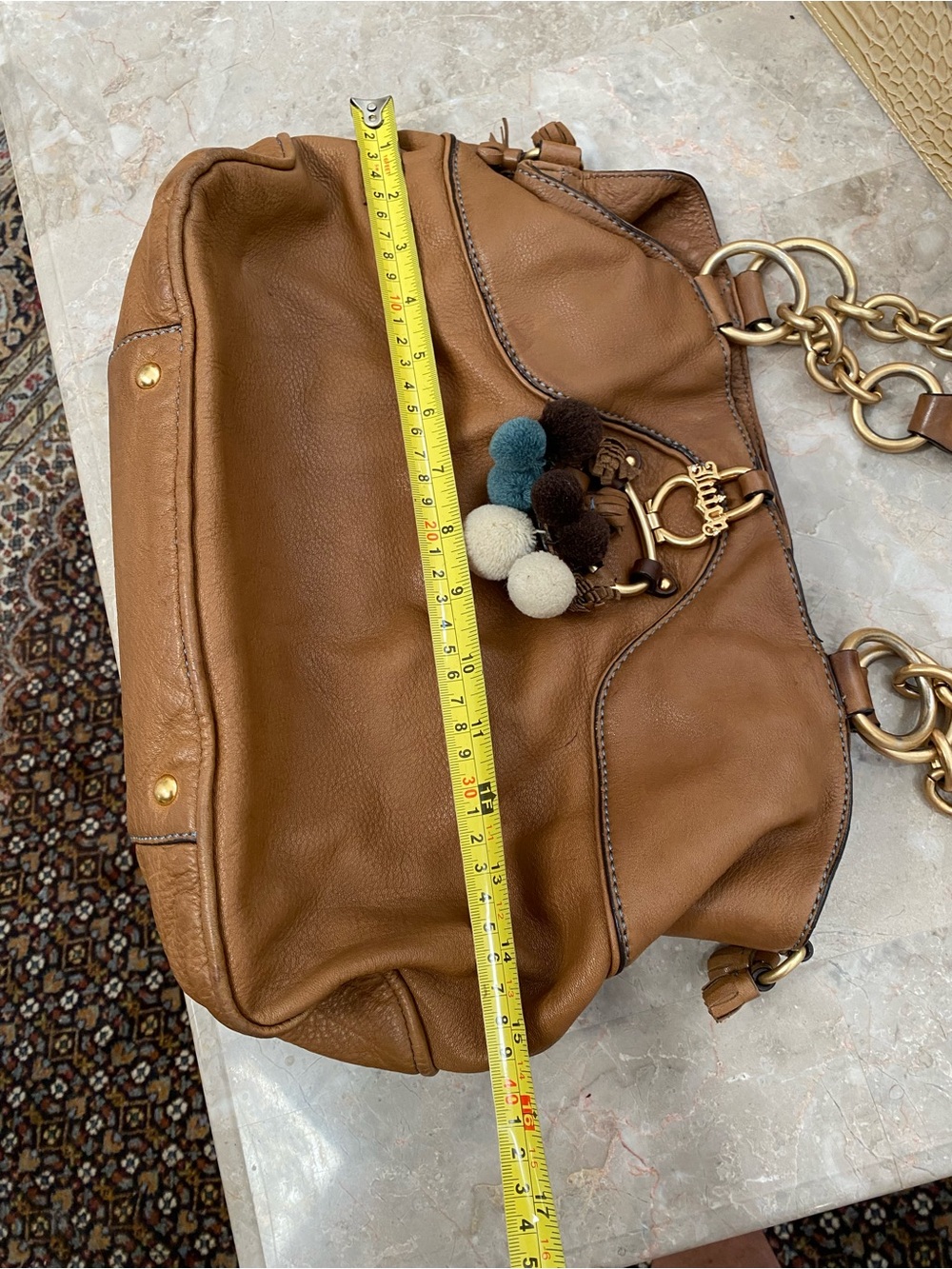 Juicy Couture Brown Leather Shoulder Bag with Pom-Pom Charm - Picture 7 of 8